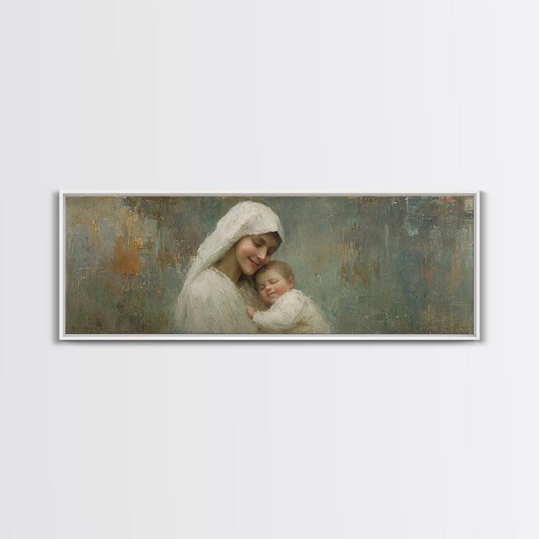 Holy Tender Joy, Framed Canvas Print, Panoramic Wall Art, Christian Art Canvas, Mary And Jesus Painting, Christmas Art, Christian Wall Art