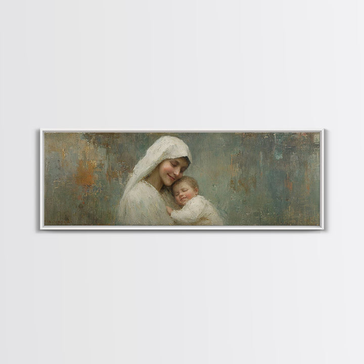 Holy Tender Joy, Framed Canvas Print, Panoramic Wall Art, Christian Art Canvas, Mary And Jesus Painting, Christmas Art, Christian Wall Art