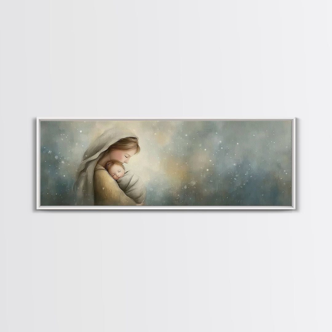 Blessed Winter Warmth, Framed Canvas Print, Panoramic Painting, Christian Art Canvas, Mary And Jesus Painting, Christian Wall Art, Christma