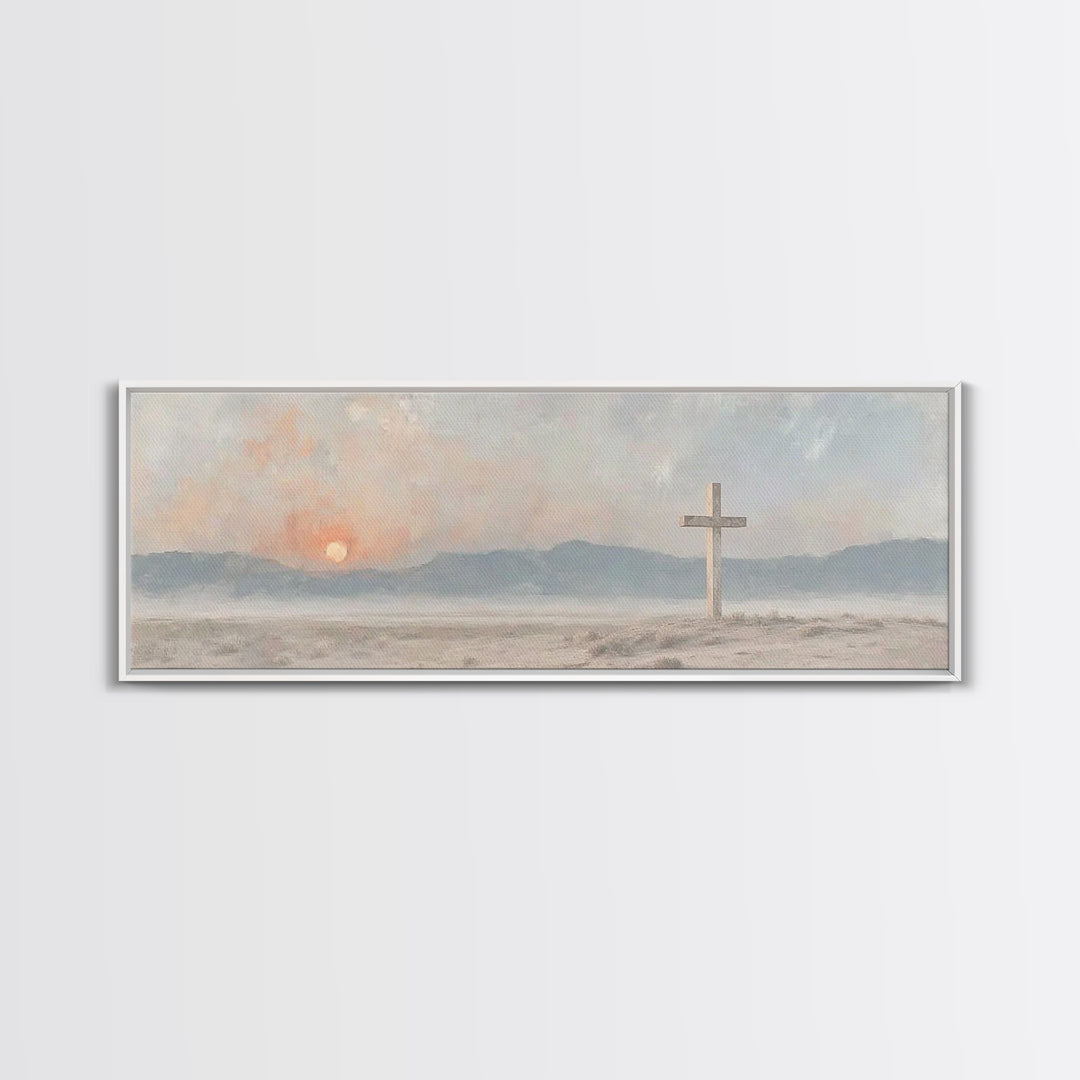 Quiet Cross Morning, Framed Canvas Print, Panoramic Painting, Christian Wall Art, Christian Art Canvas, Modern Christian Art, Christian Dec