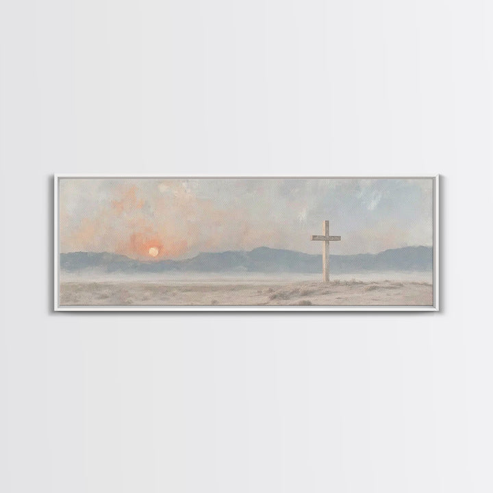 Quiet Cross Morning, Framed Canvas Print, Panoramic Painting, Christian Wall Art, Christian Art Canvas, Modern Christian Art, Christian Dec