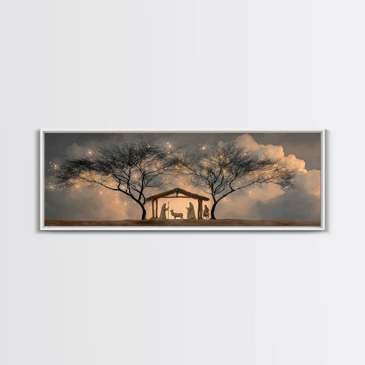 Evening Nativity Glow – Framed Canvas Print – Extra Wide Art – Christian Art – Christian Art Canvas – Christmas Wall Art – Jesus Christmas