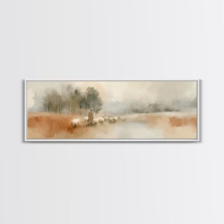 Gentle Pasture Walk, Framed Canvas Print, Panoramic Wall Art, Christian Art Canvas, Christian Art, Modern Christian Art, Jesus Painting, Ch
