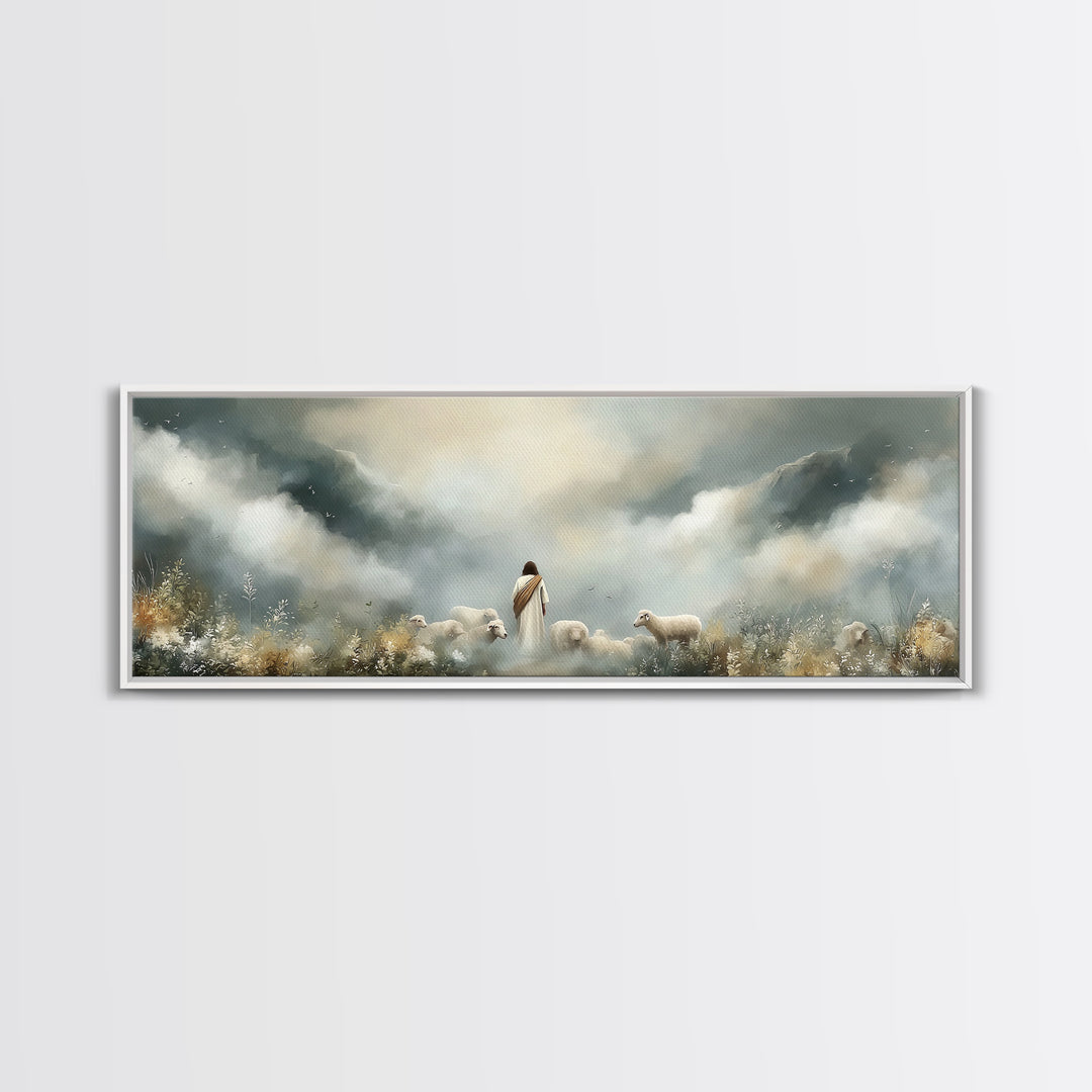 Hillside Shepherd Peace – Framed Canvas Print – Panoramic Frame – Christian Art – Christian Art Prints – Jesus Painting – Christian Wall Ar