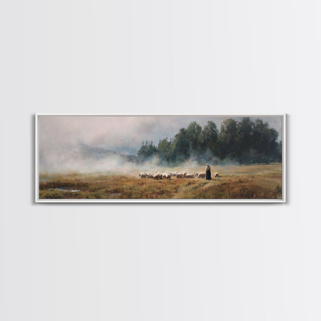 Morning Pasture Stillness | Framed Canvas Print | Panoramic Print | Christian Wall Art | Christian Art Canvas | Jesus Painting | Christian