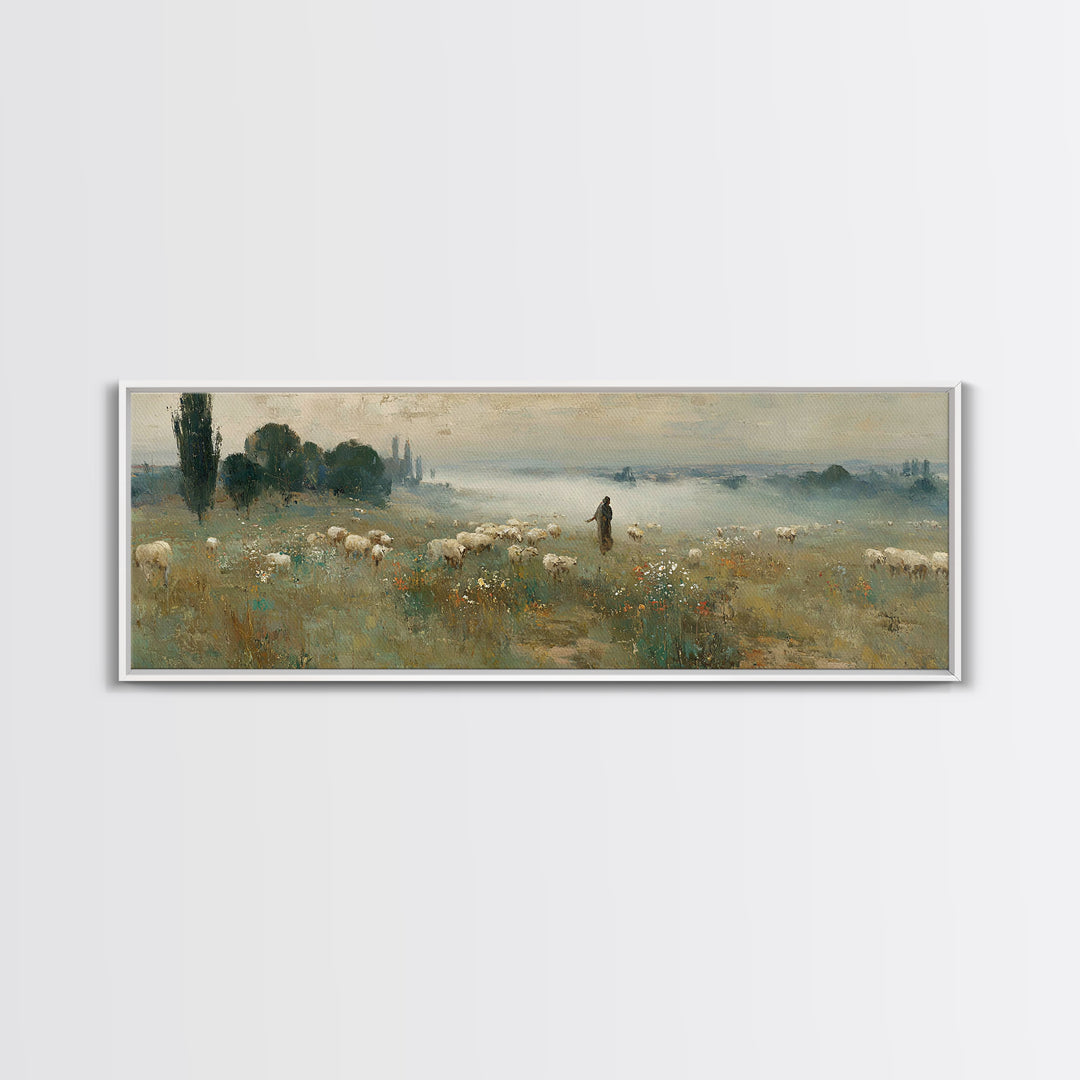 Wildflower Shepherd Path, Framed Canvas Print, Panoramic Art, Christian Wall Art, Jesus Painting, Christian Art Canvas, Vintage Christian A