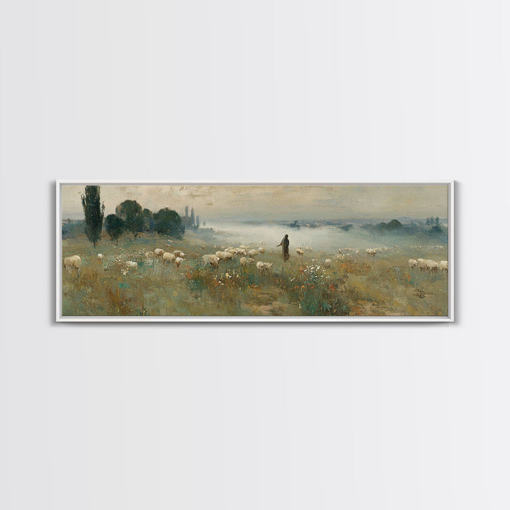 Wildflower Shepherd Path, Framed Canvas Print, Panoramic Art, Christian Wall Art, Jesus Painting, Christian Art Canvas, Vintage Christian A