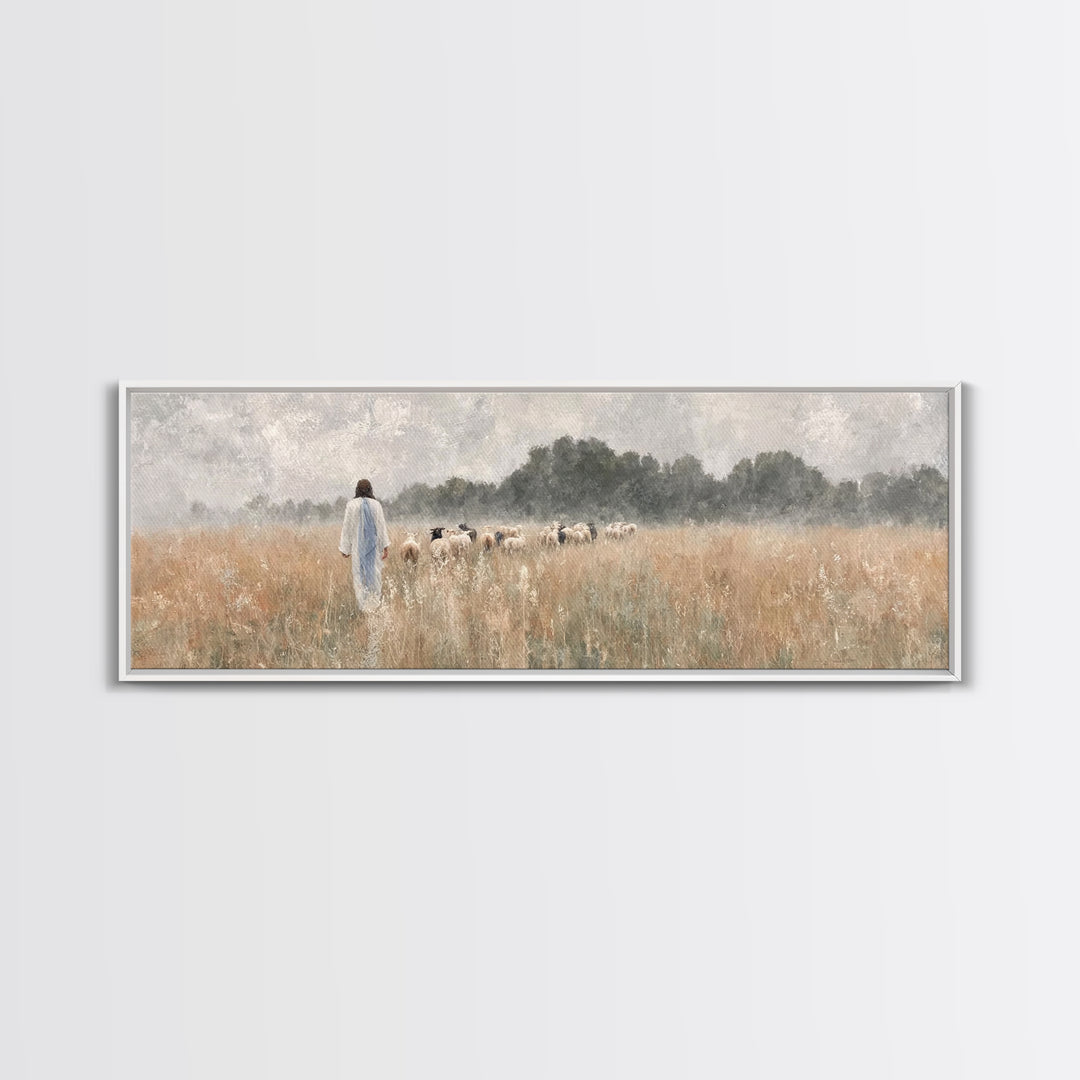 Golden Field Shepherd | Framed Canvas Print | Panoramic Wall Art | Christian Art | Jesus Painting | Christian Art Canvas | Modern Christian