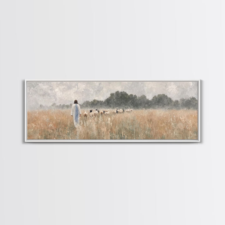 Golden Field Shepherd | Framed Canvas Print | Panoramic Wall Art | Christian Art | Jesus Painting | Christian Art Canvas | Modern Christian