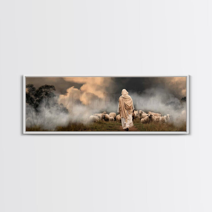 Twilight Shepherd Journey – Framed Canvas Print – Panoramic Art – Christian Art Canvas – Jesus Painting – Christian Wall Art – Moody Christ