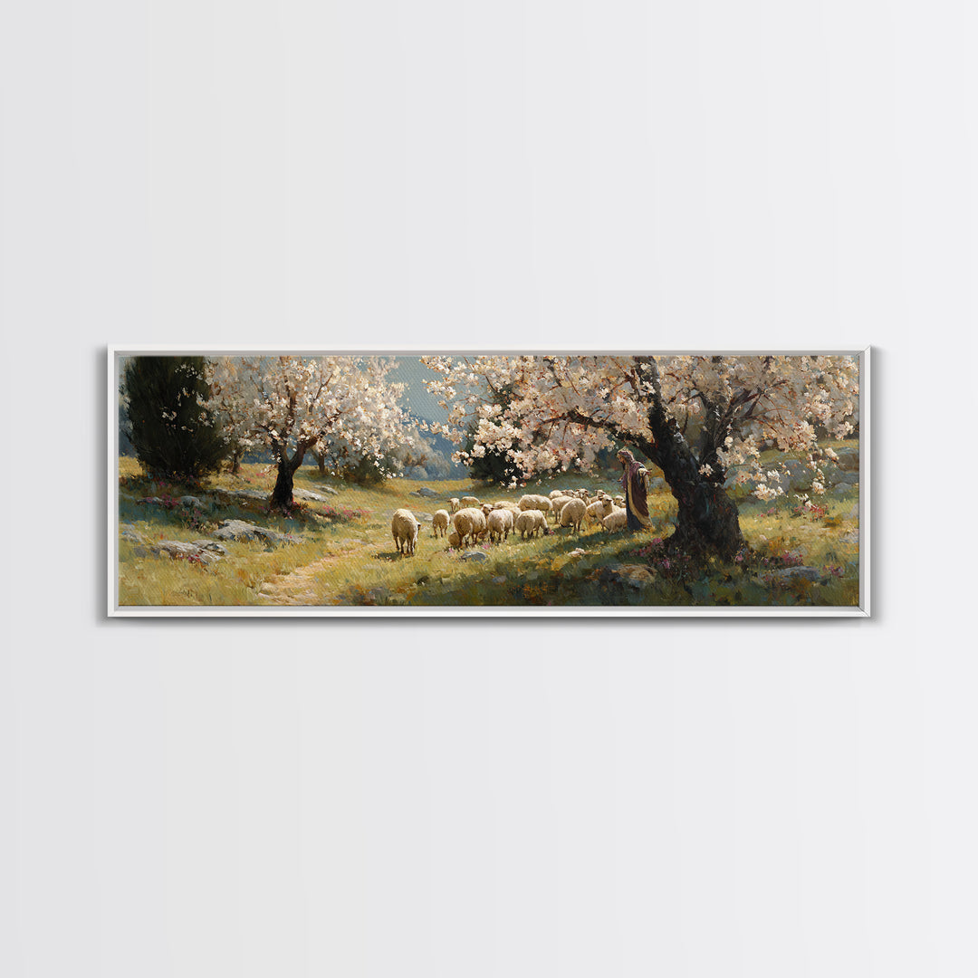 Shepherds At Dawn | Framed Canvas Print | Christian Art Canvas | Jesus Wall Art | Panoramic Painting | Christian Christmas Art | Christian