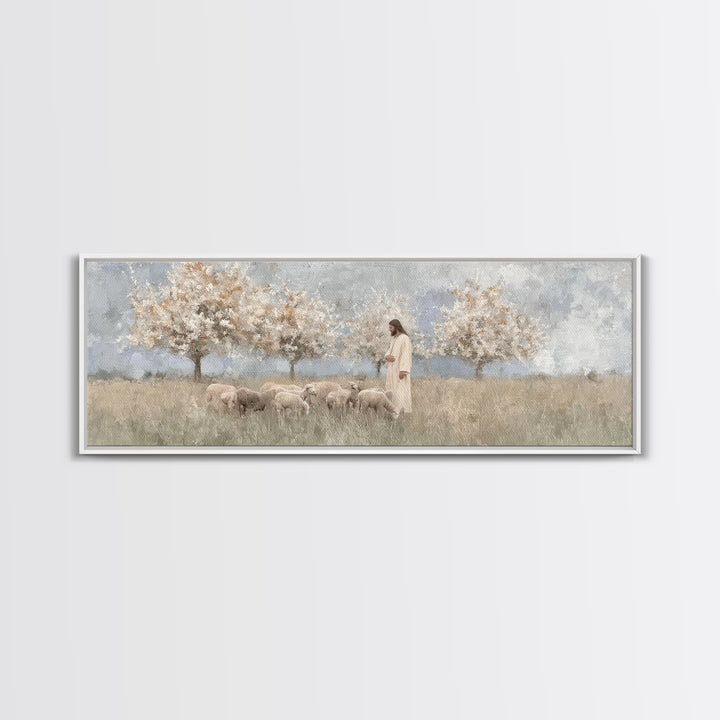 The Gentle Shepherd, Framed Canvas Print, Christian Art, Jesus Painting, Panoramic Wall Art, Christian Art Canvas, Christmas Art