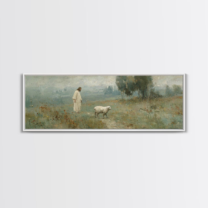 Verdant Grace Field, Framed Canvas Print, Panoramic Art, Christian Wall Art, Christian Art Canvas, Jesus Painting, Christmas Art