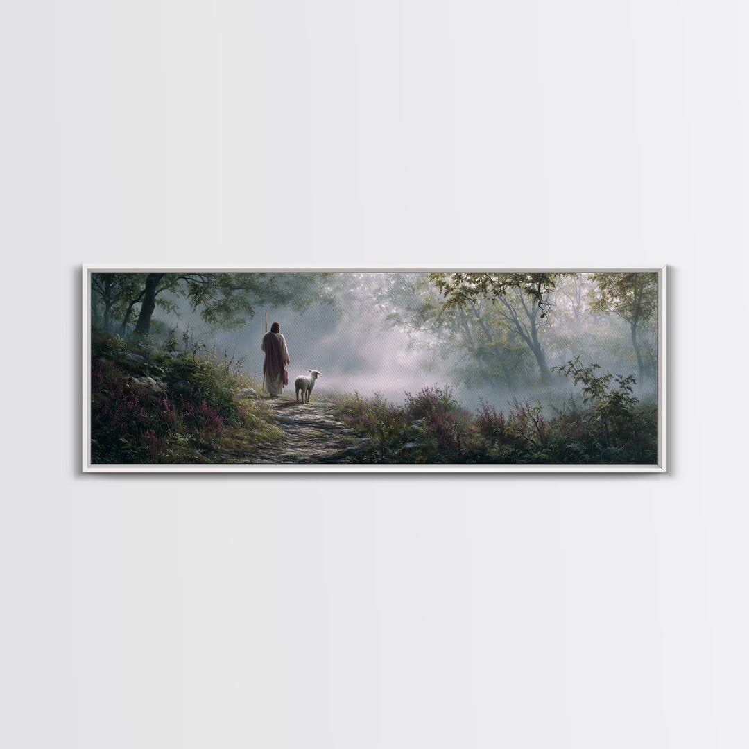 Forest Dawn Path, Framed Canvas Print, Panoramic Painting, Christian Wall Art, Jesus Painting, Christian Art Canvas, Christian Christmas Ar