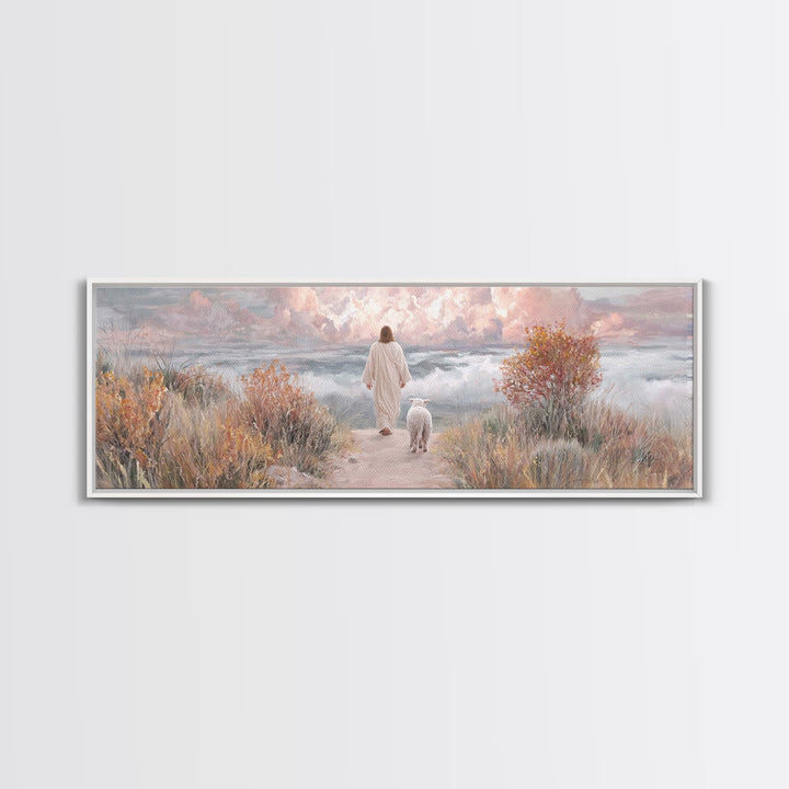 Golden Horizon Walk | Framed Canvas Print | Panoramic Frame | Christian Wall Art | Jesus Painting | Christian Art Canvas | Christmas Art