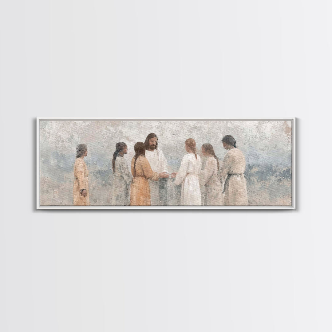 Temple Hearth Gathering, Framed Canvas Print, Christian Art, Christian Art Canvas, Jesus Painting, Panoramic Art, Christian Christmas Art