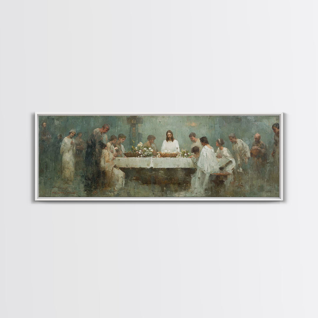 Sacred Table Gathering | Framed Canvas Print | Christian Wall Art | Panoramic Art | Christian Art Canvas | Jesus Painting | Christian Chris