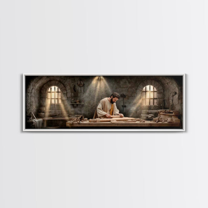 Carpenter Of Grace, Framed Canvas Print, Christian Art Canvas, Panoramic Painting, Christian Wall Art, Jesus Painting, Christian Christmas