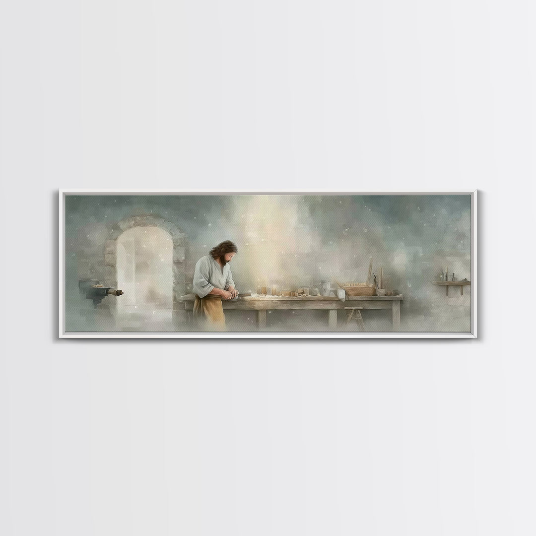 Holy Workbench Glow | Framed Canvas Print | Christian Wall Art | Panoramic Painting | Christian Art Canvas | Jesus Painting | Christian Art