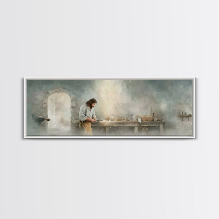 Holy Workbench Glow | Framed Canvas Print | Christian Wall Art | Panoramic Painting | Christian Art Canvas | Jesus Painting | Christian Art