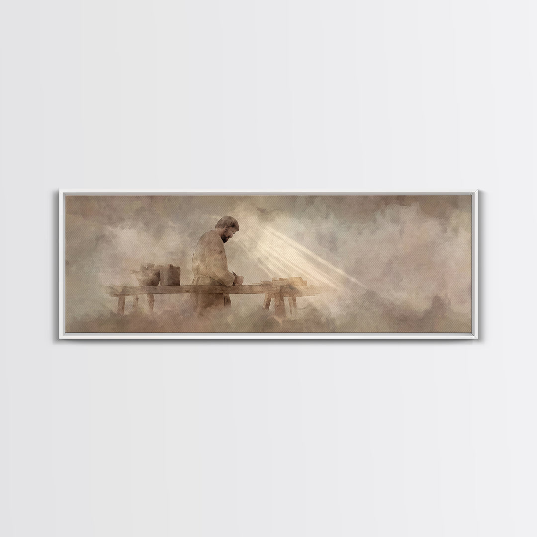Radiant Carpenter Dawn, Framed Canvas Print, Christian Wall Art, Jesus Painting, Panoramic Wall Art, Christian Art Canvas, Christian Art