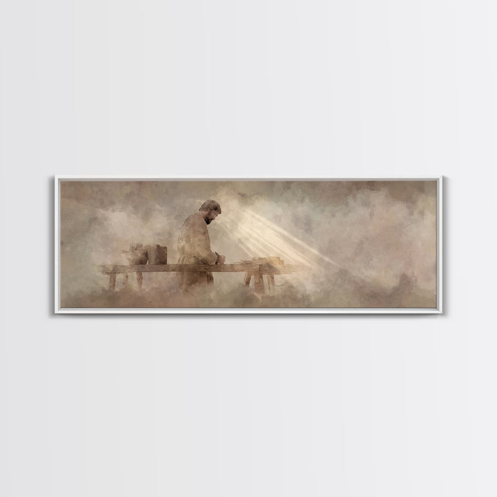 Radiant Carpenter Dawn, Framed Canvas Print, Christian Wall Art, Jesus Painting, Panoramic Wall Art, Christian Art Canvas, Christian Art