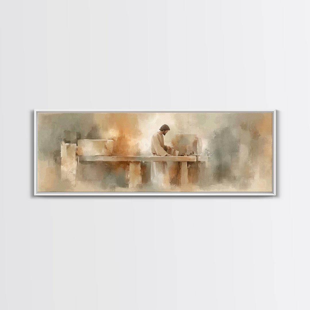 Heavenly Carpenter – Framed Canvas Print – Christian Wall Art – Christian Art Canvas – Jesus Painting – Panoramic Art – Christian Christmas