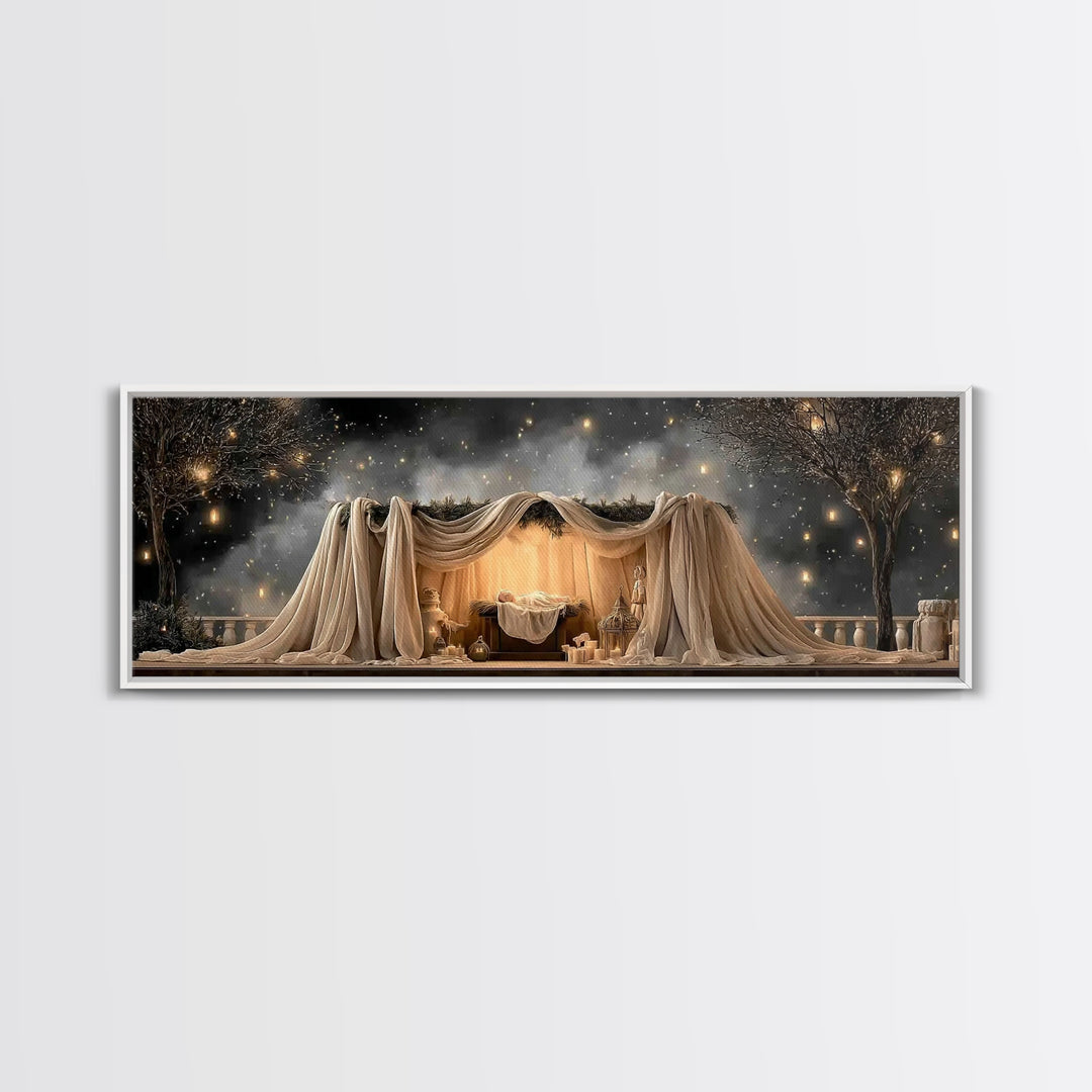 Silent Nativity, Framed Canvas Print, Christian Art Canvas, Christian Wall Art, Panoramic Art, Christmas Art, Christian Christmas Decor