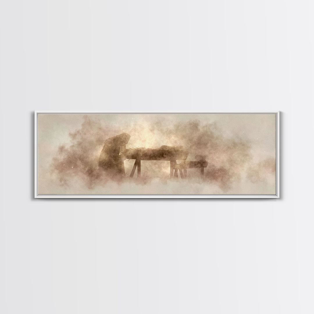 Holy Manger – Framed Canvas Print – Christian Art Canvas – Christian Wall Art – Panoramic Painting – Christmas Art – Christian Christmas Ar