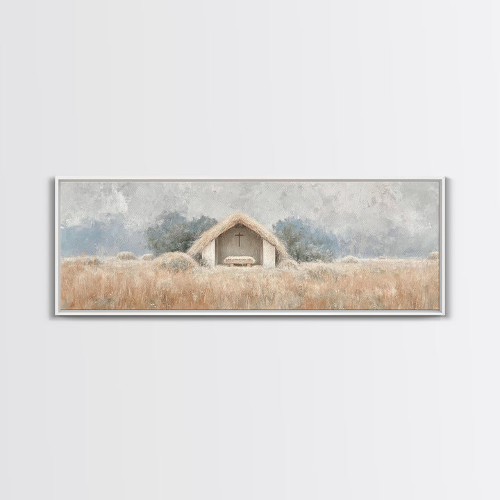 Fieldside Manger | Framed Canvas Print | Christian Wall Art | Christian Art Canvas | Panoramic Art | Christmas Art | Christian Christmas De