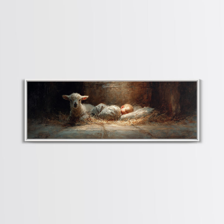 Lamb Of Peace – Framed Canvas Print – Christian Art Canvas – Christian Wall Art – Panoramic Wall Art – Jesus Painting – Christian Christmas