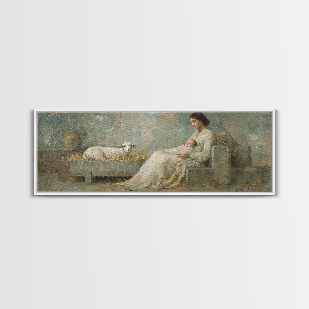 Mother And Lamb, Framed Canvas Print, Christian Art Canvas, Christian Wall Art, Panoramic Art, Jesus Painting, Christian Christmas Decor