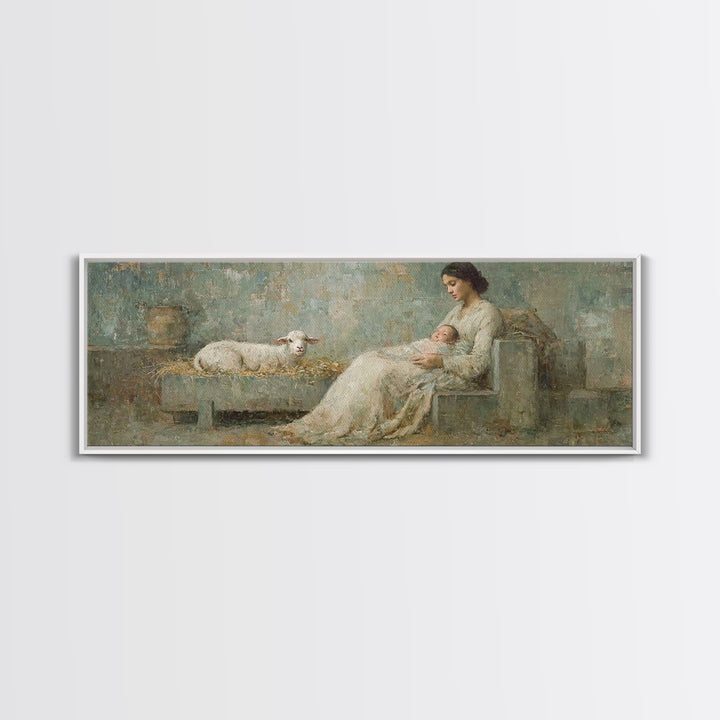 Mother And Lamb, Framed Canvas Print, Christian Art Canvas, Christian Wall Art, Panoramic Art, Jesus Painting, Christian Christmas Decor