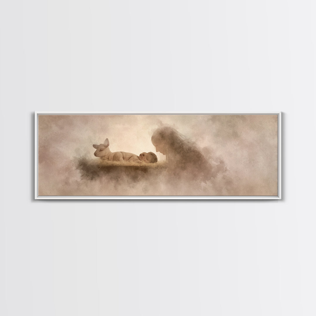 Silent Manger Light | Framed Canvas Print | Christmas Wall Art | Christian Art Canvas | Christian Christmas Art | Panoramic Print | Jesus P