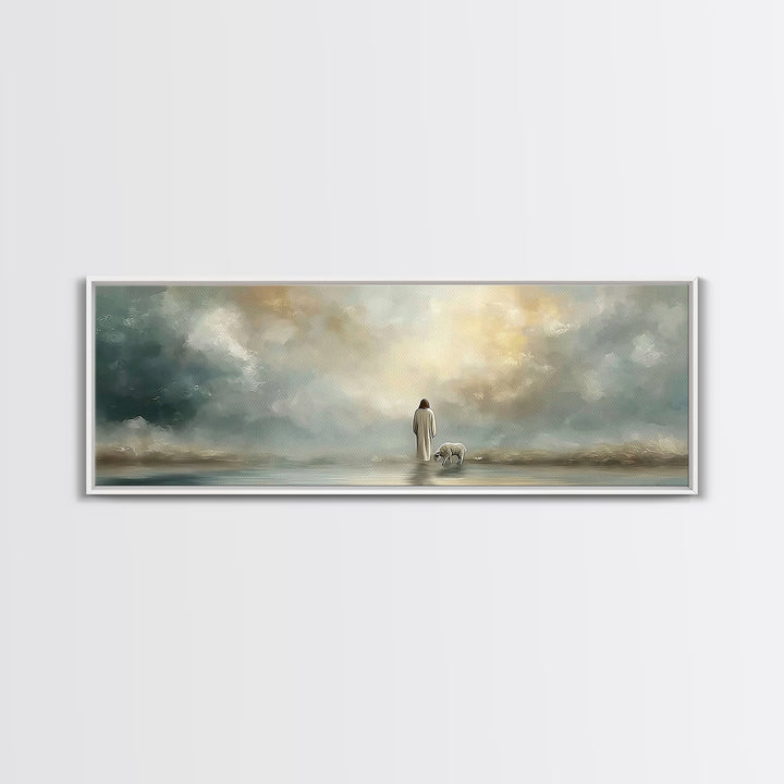 Heavenly Pasture Light | Framed Canvas Print | Panoramic Painting | Christian Wall Art | Christian Art Canvas | Jesus Art Print | Christian