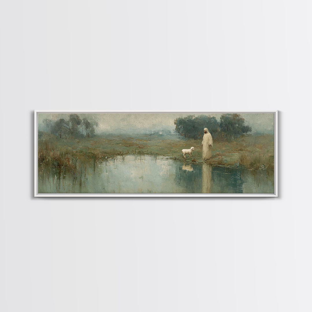 Still Waters Calling, Framed Canvas Print, Panoramic Wall Art, Christian Art Canvas, Christian Wall Art, Jesus Painting, Christian Decor