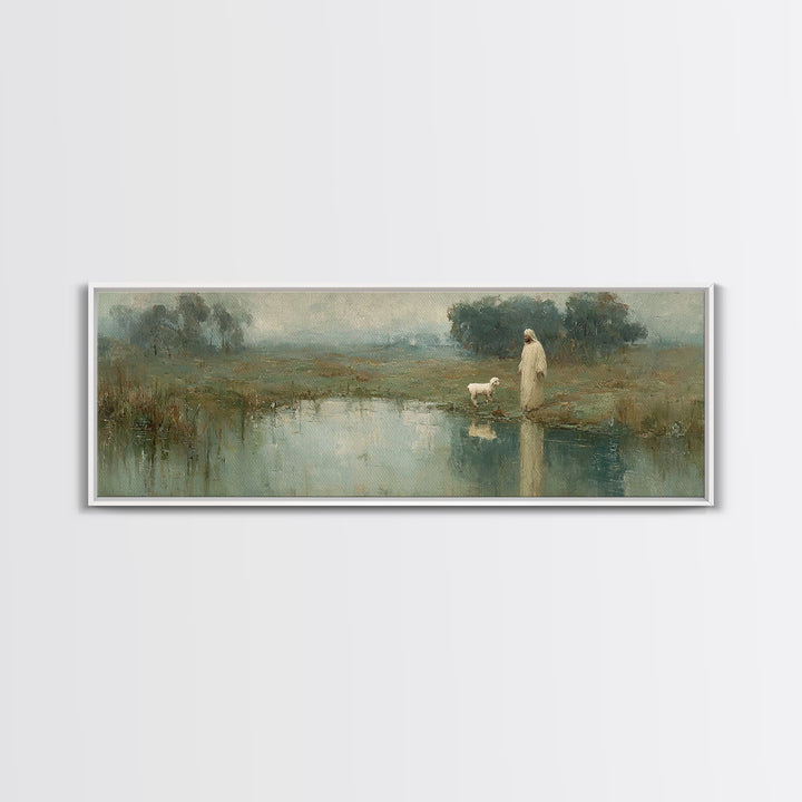 Still Waters Calling, Framed Canvas Print, Panoramic Wall Art, Christian Art Canvas, Christian Wall Art, Jesus Painting, Christian Decor
