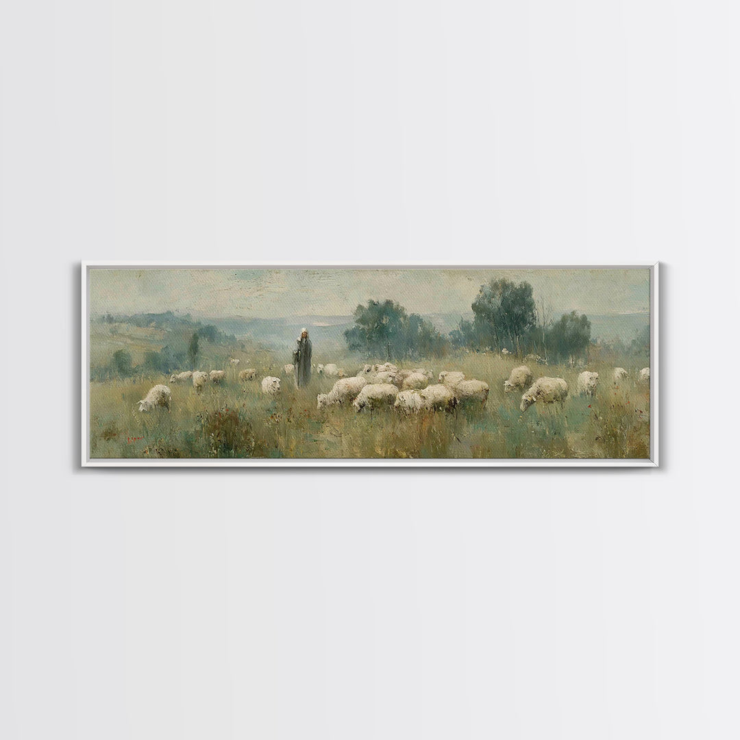 Pastoral Daybreak, Framed Canvas Print, Panoramic Art, Christian Wall Art, Christian Art Canvas, Christian Painting, Jesus Wall Art