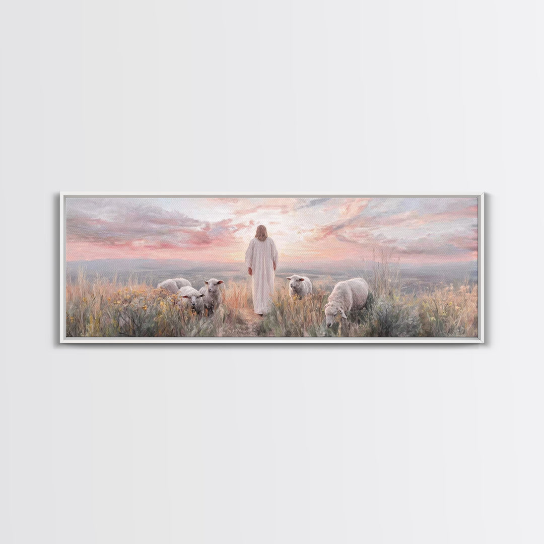 Dawn Among The Flock | Framed Canvas Print | Panoramic Wall Art | Christian Wall Art | Christian Art Canvas | Christian Painting | Jesus Ar