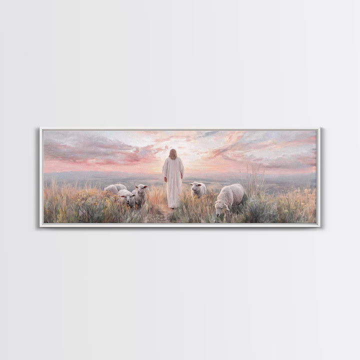 Dawn Among The Flock | Framed Canvas Print | Panoramic Wall Art | Christian Wall Art | Christian Art Canvas | Christian Painting | Jesus Ar