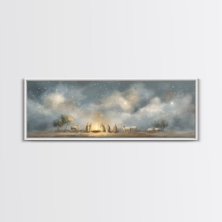 Starry Vigil, Framed Canvas Print, Panoramic Print, Christian Christmas Art, Christian Wall Art, Christmas Art Prints, Christian Art Canvas