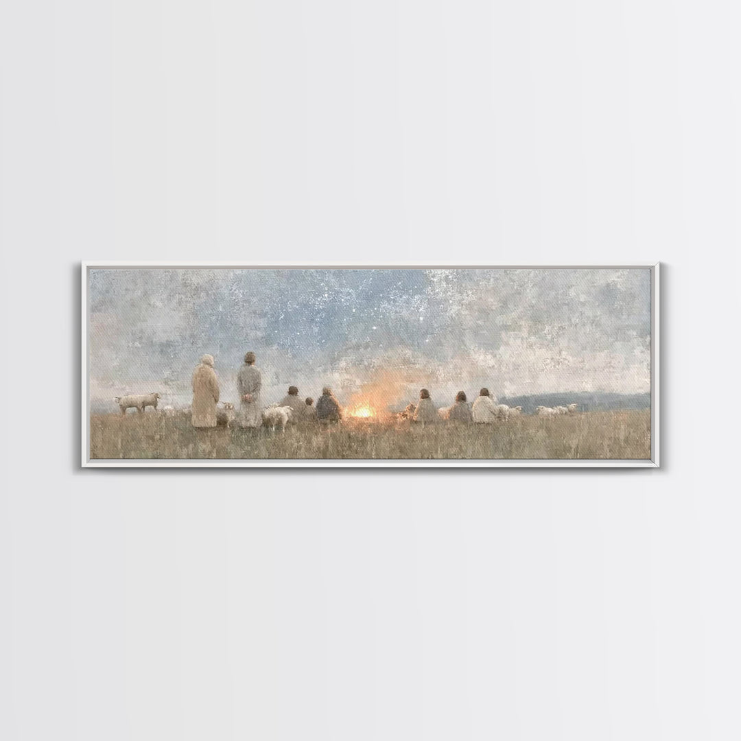 Quiet Field Gathering – Framed Canvas Print – Panoramic Painting – Christian Art – Vintage Christmas Art – Christian Wall Art – Subtle Chri