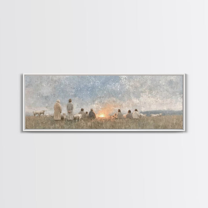 Quiet Field Gathering – Framed Canvas Print – Panoramic Painting – Christian Art – Vintage Christmas Art – Christian Wall Art – Subtle Chri