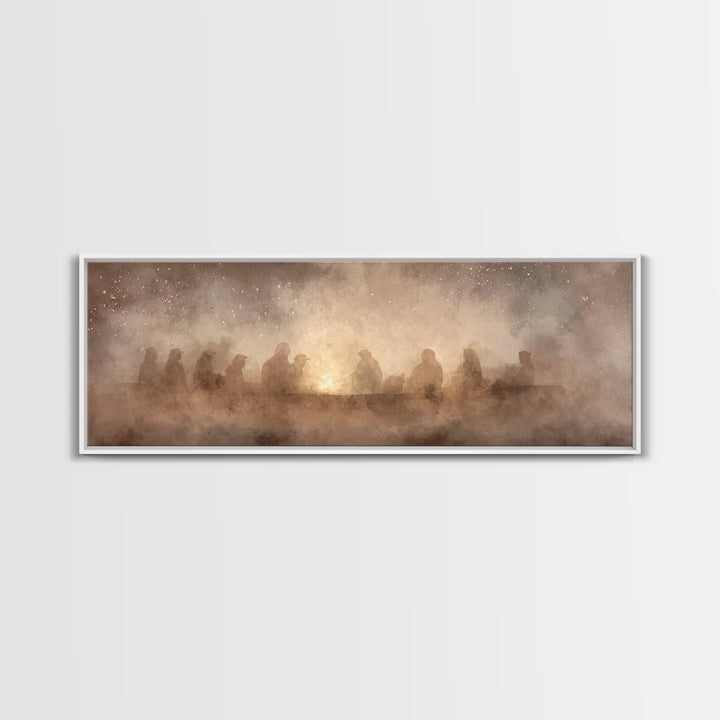 Fireside Reverence, Framed Canvas Print, Panoramic Wall Art, Christian Art Canvas, Moody Christmas Art, Christian Wall Art, Christian Decor