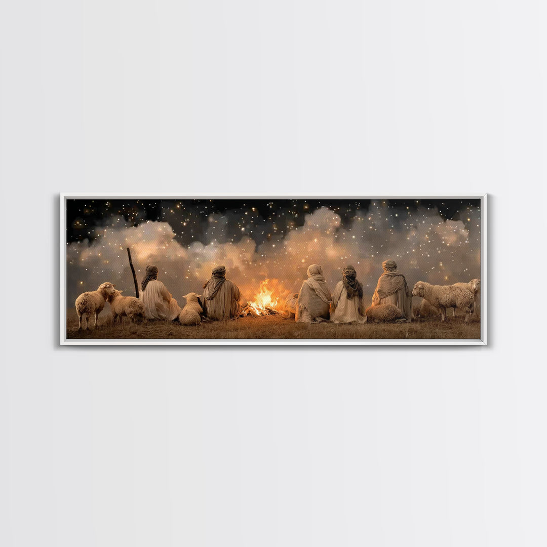 Emberlit Shepherds | Framed Canvas Print | Panoramic Art | Christian Christmas Art | Christian Wall Art | Christmas Art Work | Framed Chris