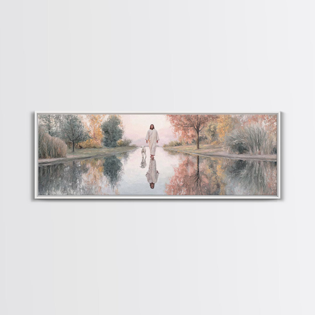 Path Of Still Waters – Framed Canvas Print – Christian Art Canvas – Jesus Painting – Christian Wall Art – Panoramic Art – Christian Decor