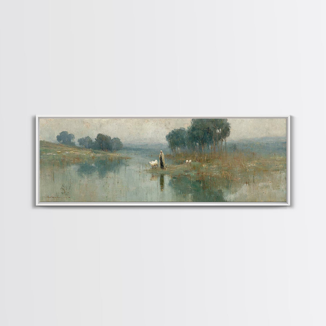 Quiet Shepherd Walk, Framed Canvas Print, Christian Wall Art, Christian Art Canvas, Jesus Painting, Panoramic Painting, Christian Christmas