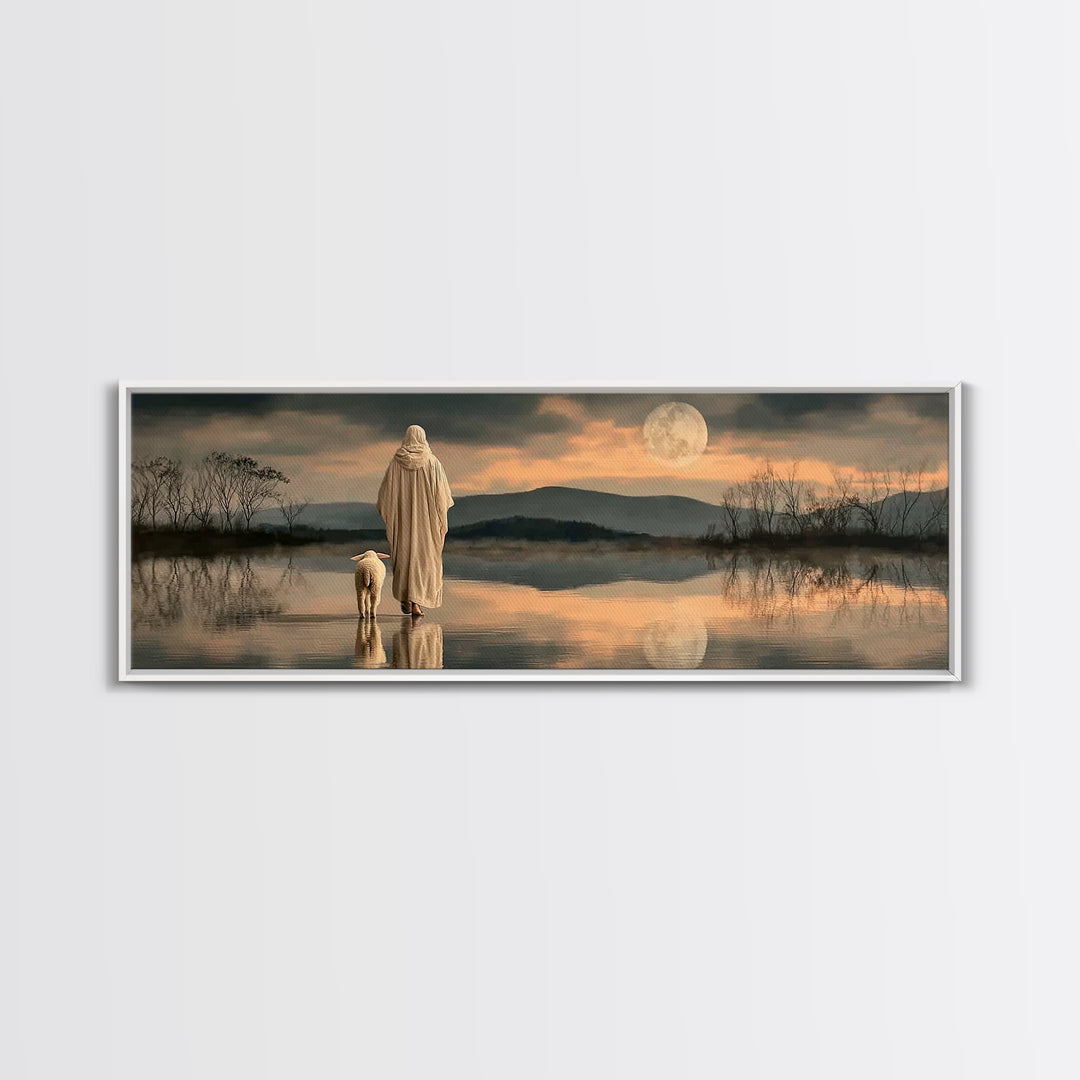 Moonlit Shepherd Path – Framed Canvas Print – Jesus Painting – Christian Wall Art – Christian Art Canvas – Panoramic Print – Christian Chri