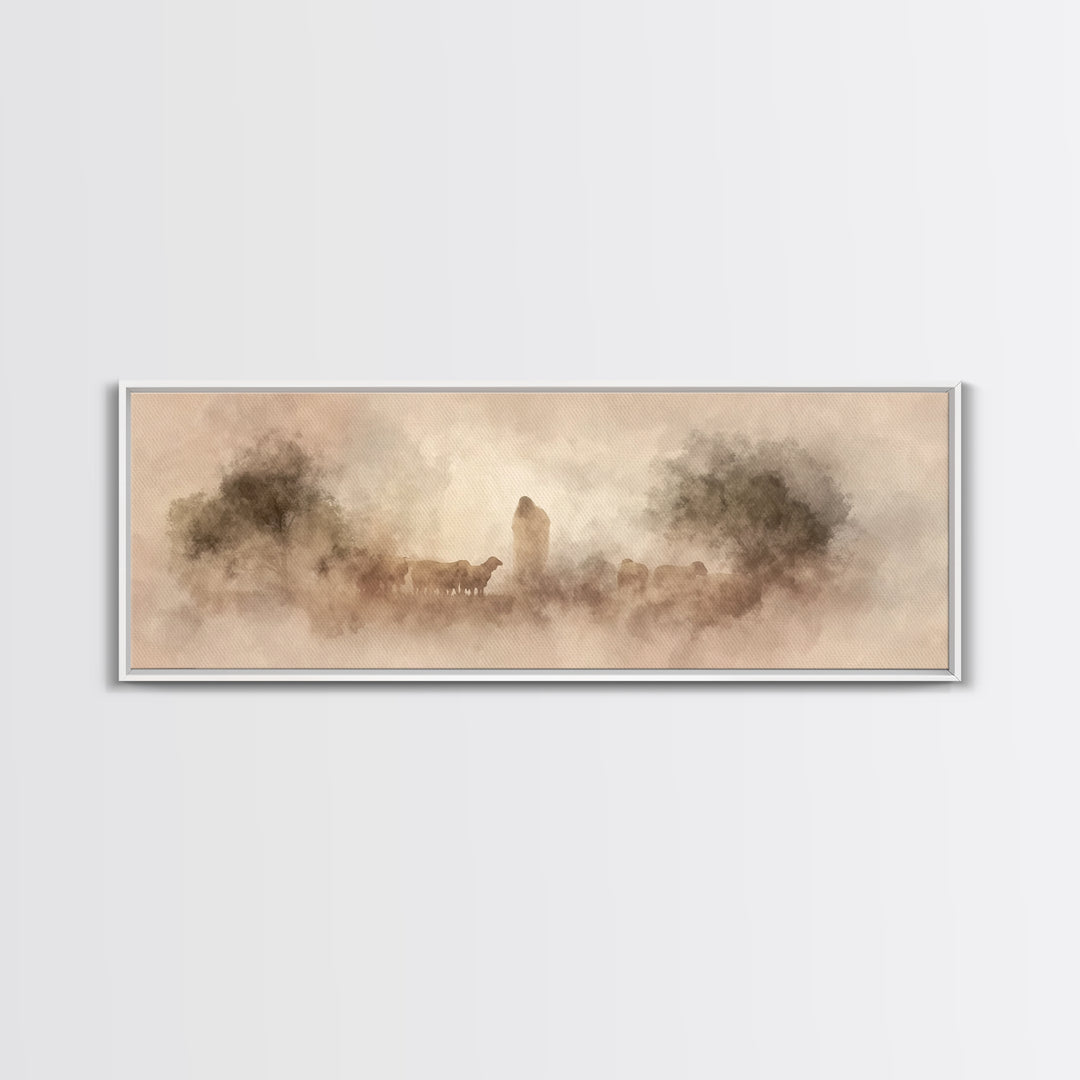 Quiet Pasture Grace | Framed Canvas Print | Panoramic Art | Christian Art | Jesus Art Print | Christian Wall Art | Christian Decor For Home