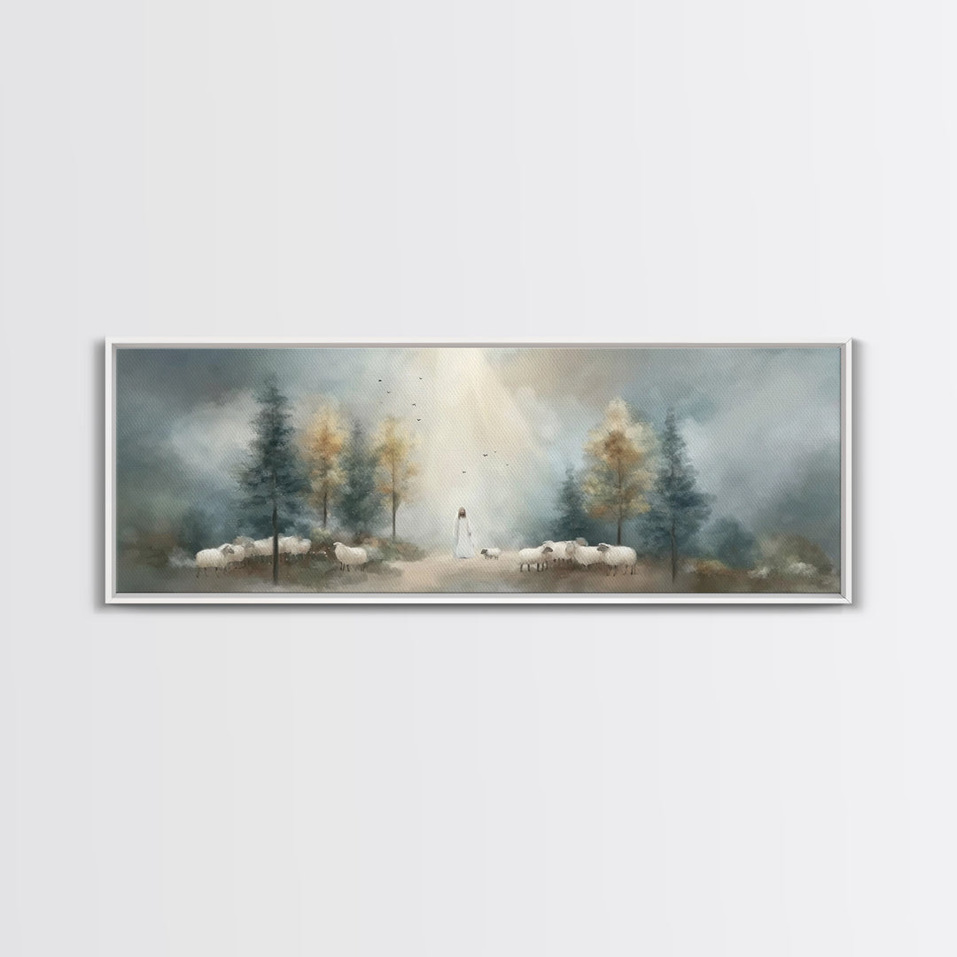 Light Of The Shepherd, Framed Canvas Print, Panoramic Wall Art, Christian Art Canvas, Jesus Painting, Christian Christmas Art, Christian Ar